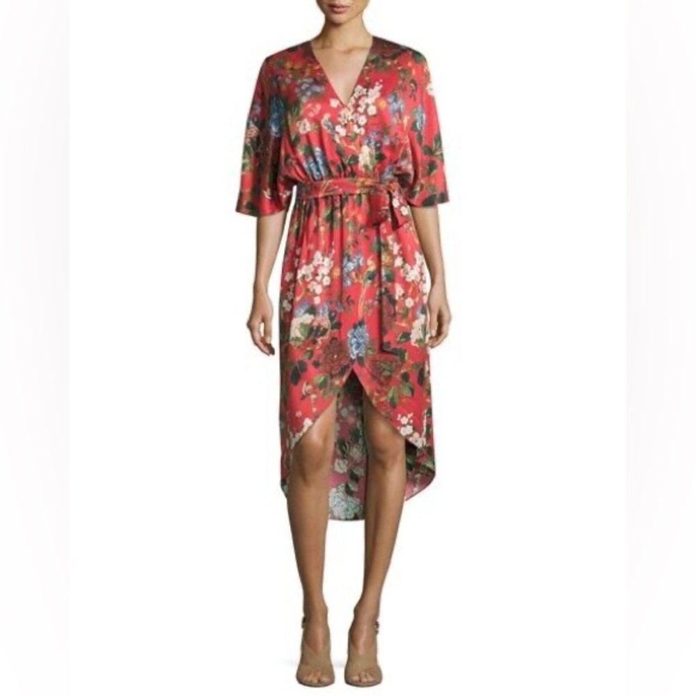 Alice + Olivia Clarine Silk Red Dress Floral Wrap Size 6